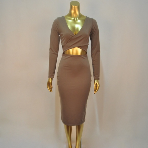 Long Sleeve Khaki HALTER Skirt MIDI Dress - Picture 3 of 6